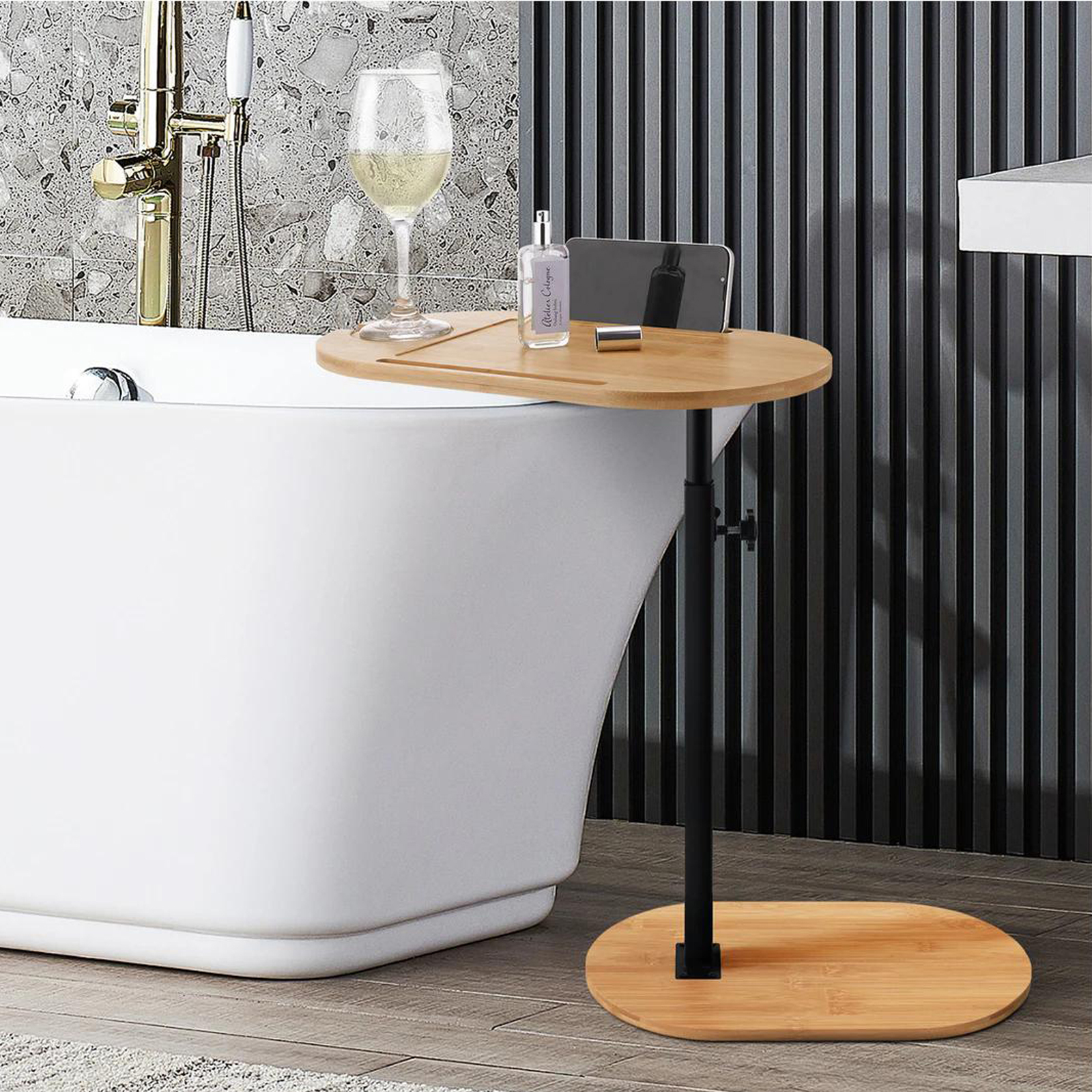 Rotating Bathtub Side Table Tray Stand Bamboo Bath Rack Wine Glass Phone Holder