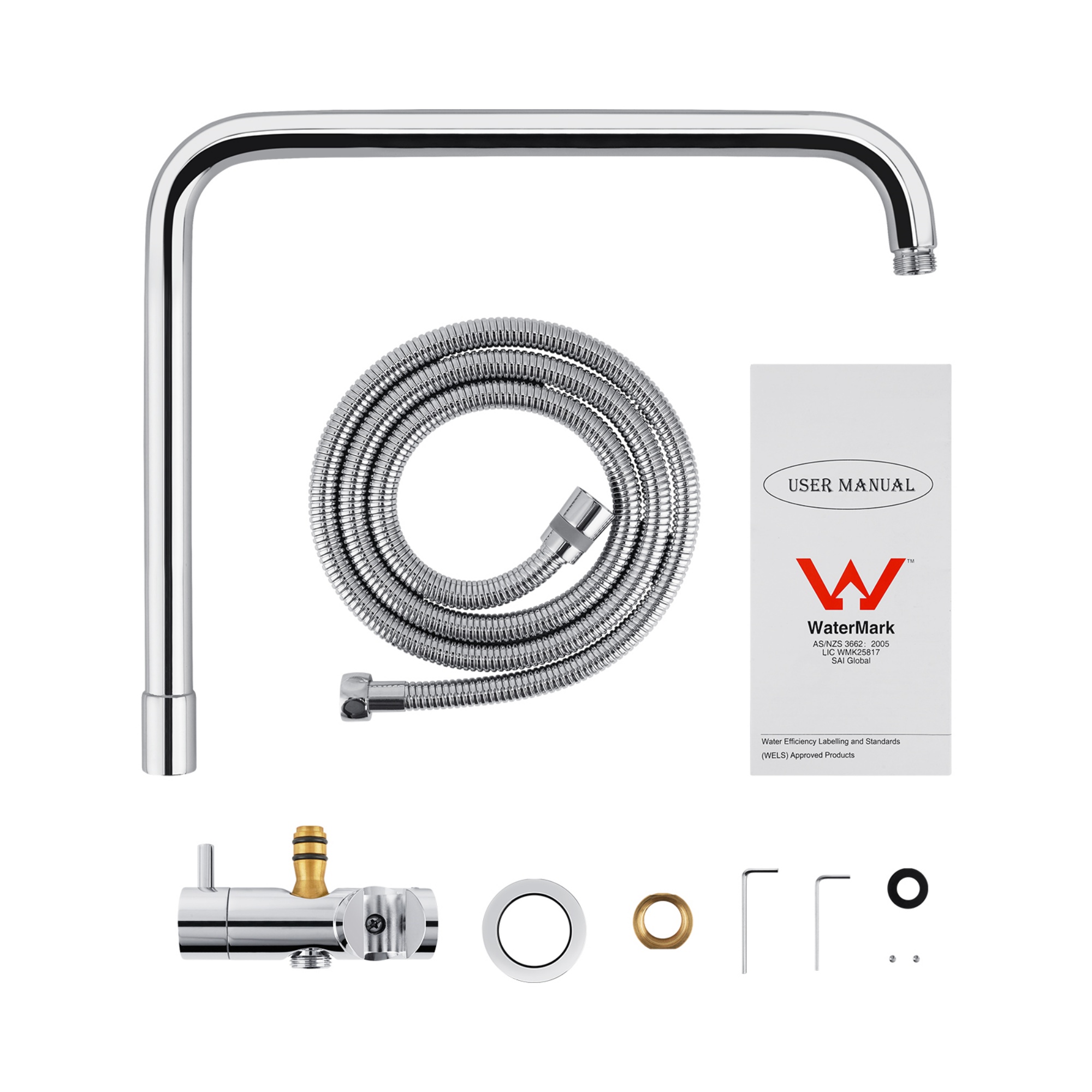 Chrome Twin Rail Shower Body Round Gooseneck Shower Wall Arm 1.5m Water Hose
