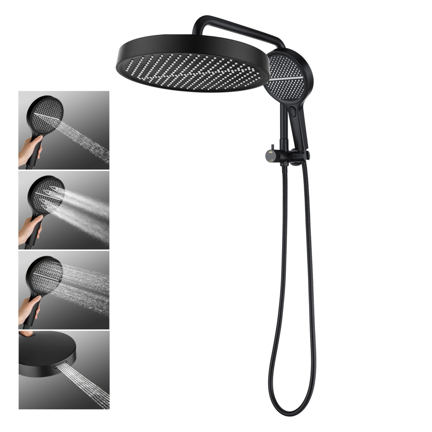 13'' Round Bathroom Rainfall Shower Head Set Gooseneck Shower Arm Diverter 4 Function High Pressure Handheld Shower Head Rose Chrome/Black