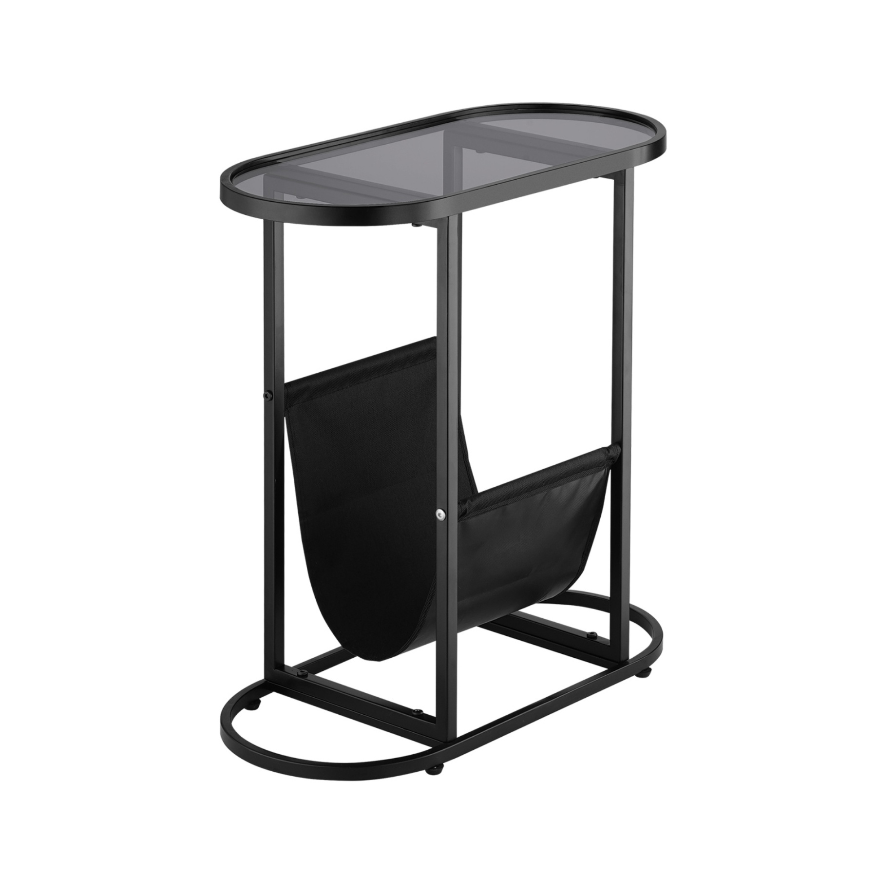 Oval Glass Tabletop Coffee Side Table Bedside Table with Magazine Storage Holder Black