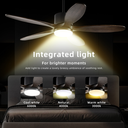 LED Light Ceiling Fan Reversible DC Motor Wooden Blades Remote Control 52"