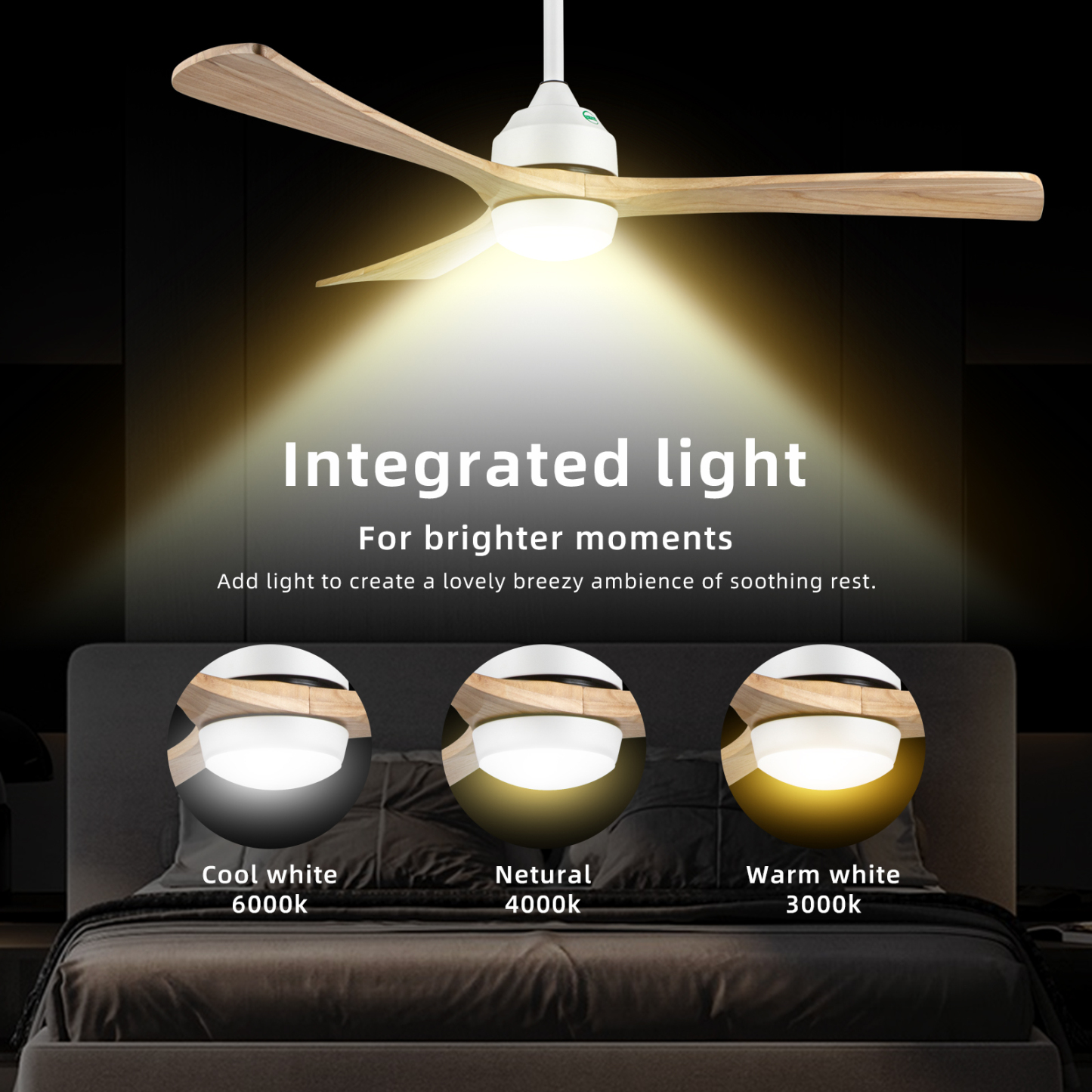 52" Ceiling Fan 3 Wooden Blades Single Light Colour Single Blow Speed
