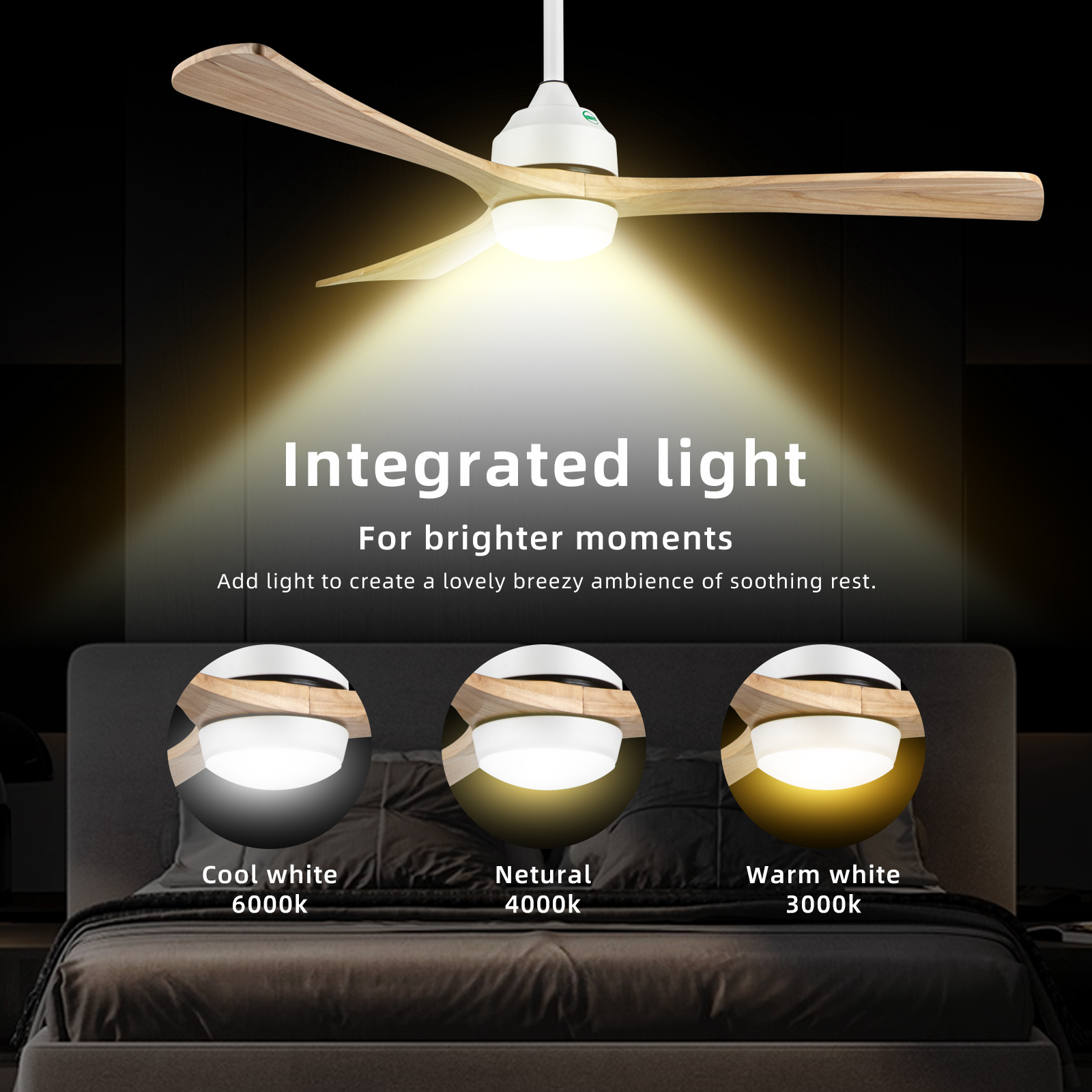 52" Ceiling Fan 3 Wooden Blades Single Light Colour Single Blow Speed
