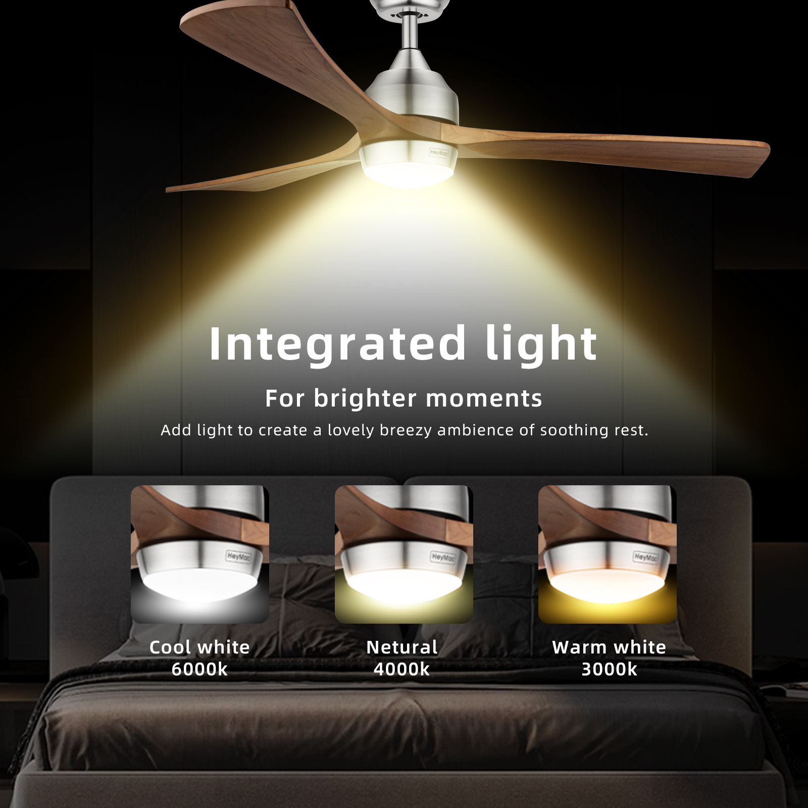 52" Ceiling Fan Light Adjustable LED Colour Reverse Airflow Timer 3 Blades