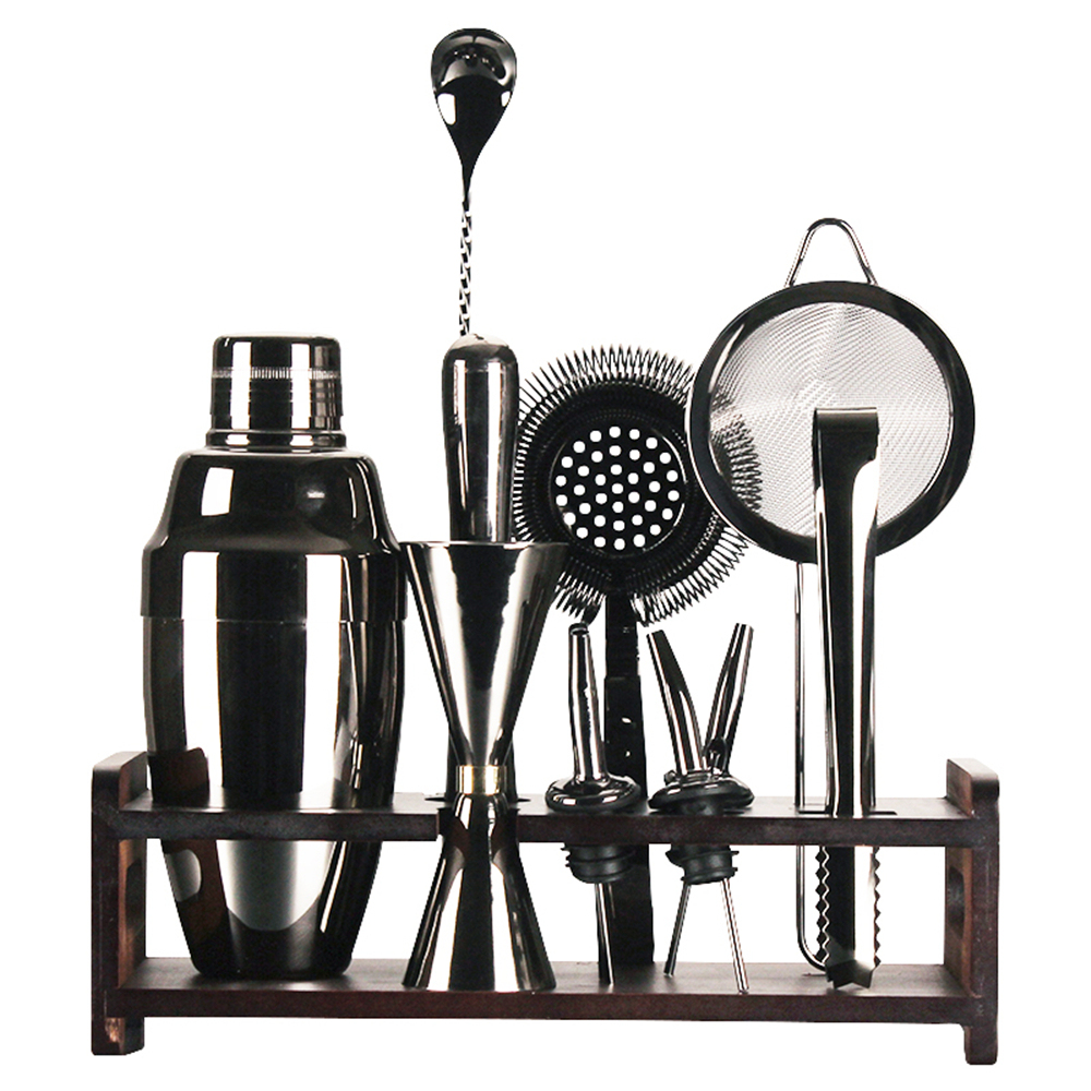 12pcs Bartender Black Cocktail Shaker Set Stainless Steel Maker Wooden Stand
