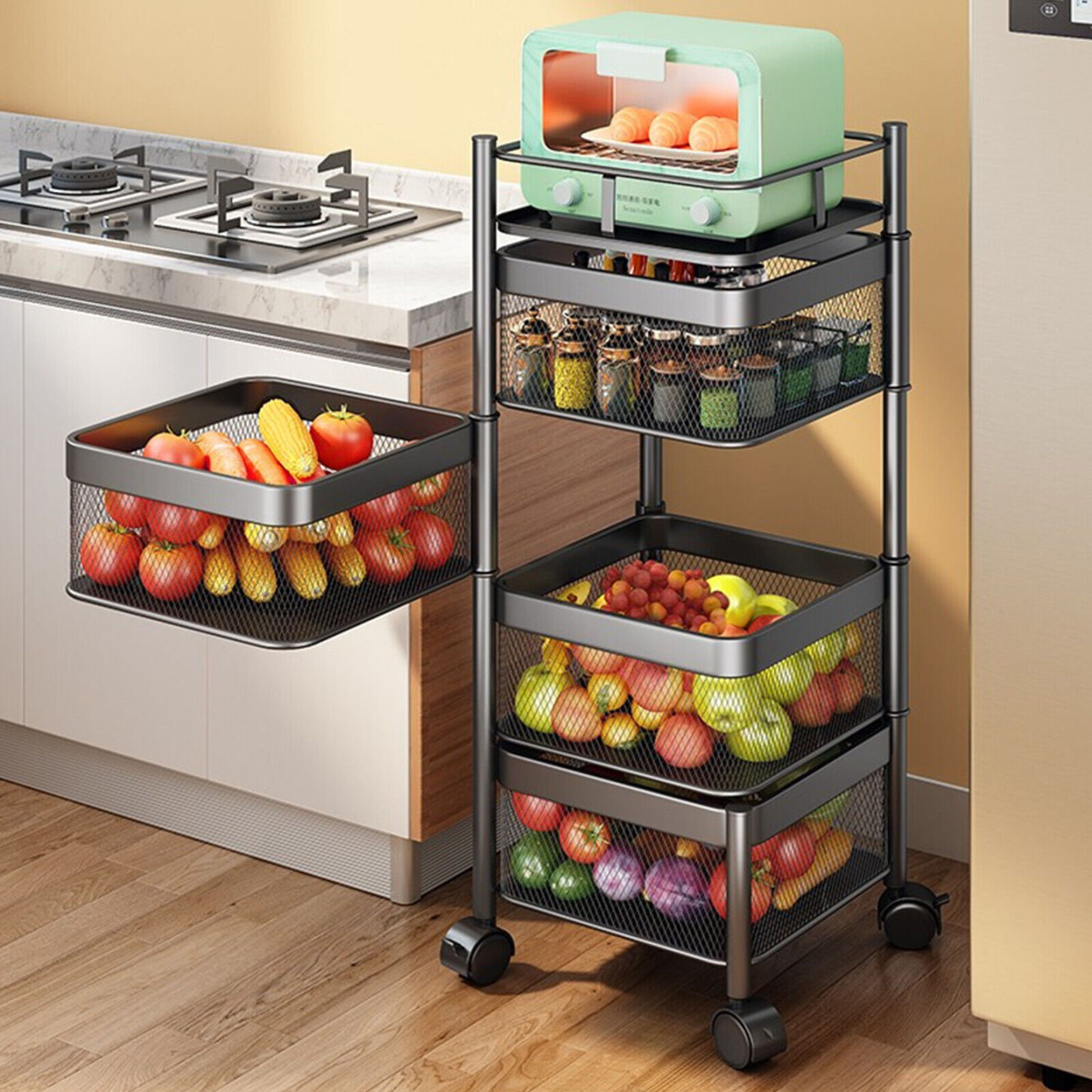 4 Tiers Kitchen Trolley Storage Rack Organizer Cart Storage Rack Square Basket Vegetable Rotating Holder