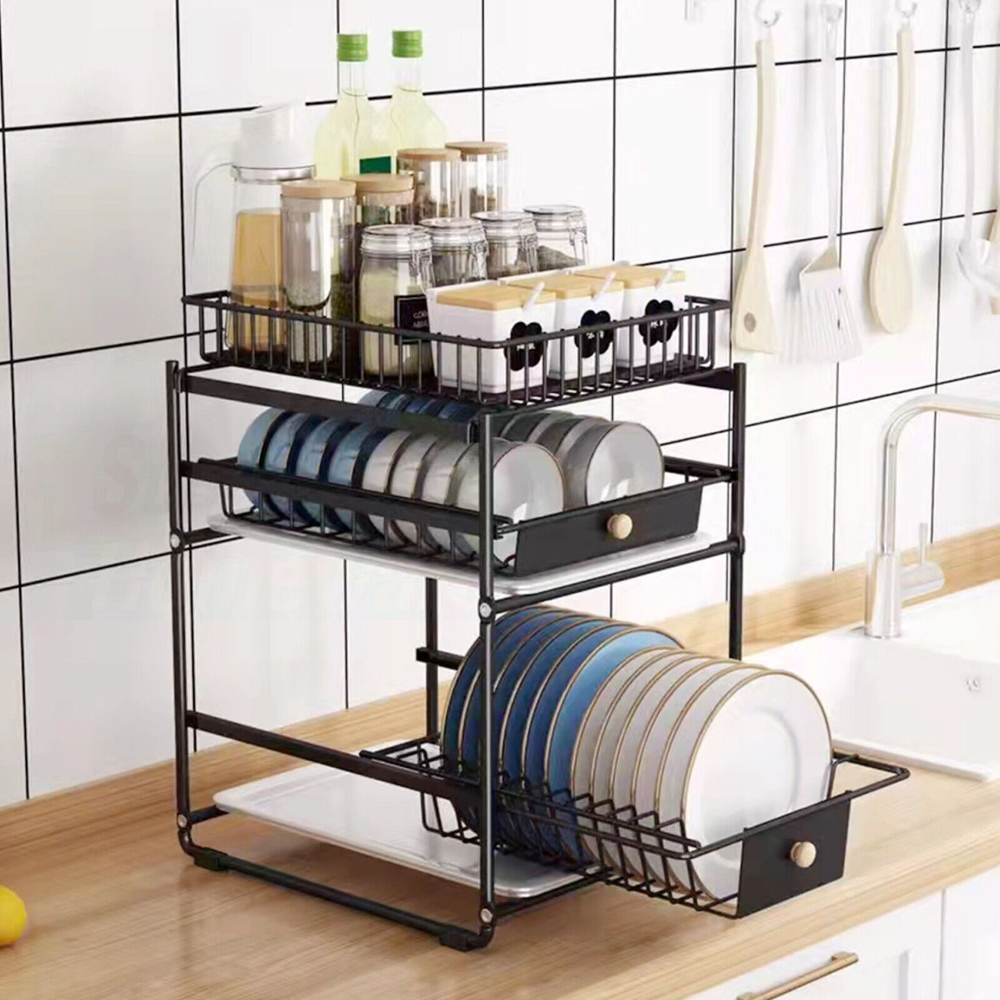 3-Layer Dish Storage Rack Drainer Kitchen Organiser Plate Bowl Drying Slide Out Drawer