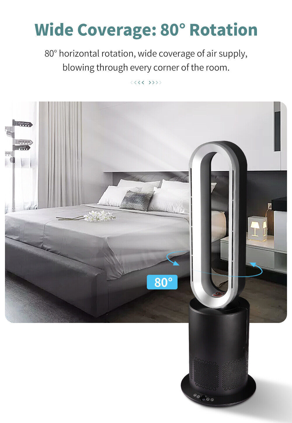 ANGELO Cool Heat Bladeless Pedestal Fan Purifying Air 9H Timer Low DB Any Room