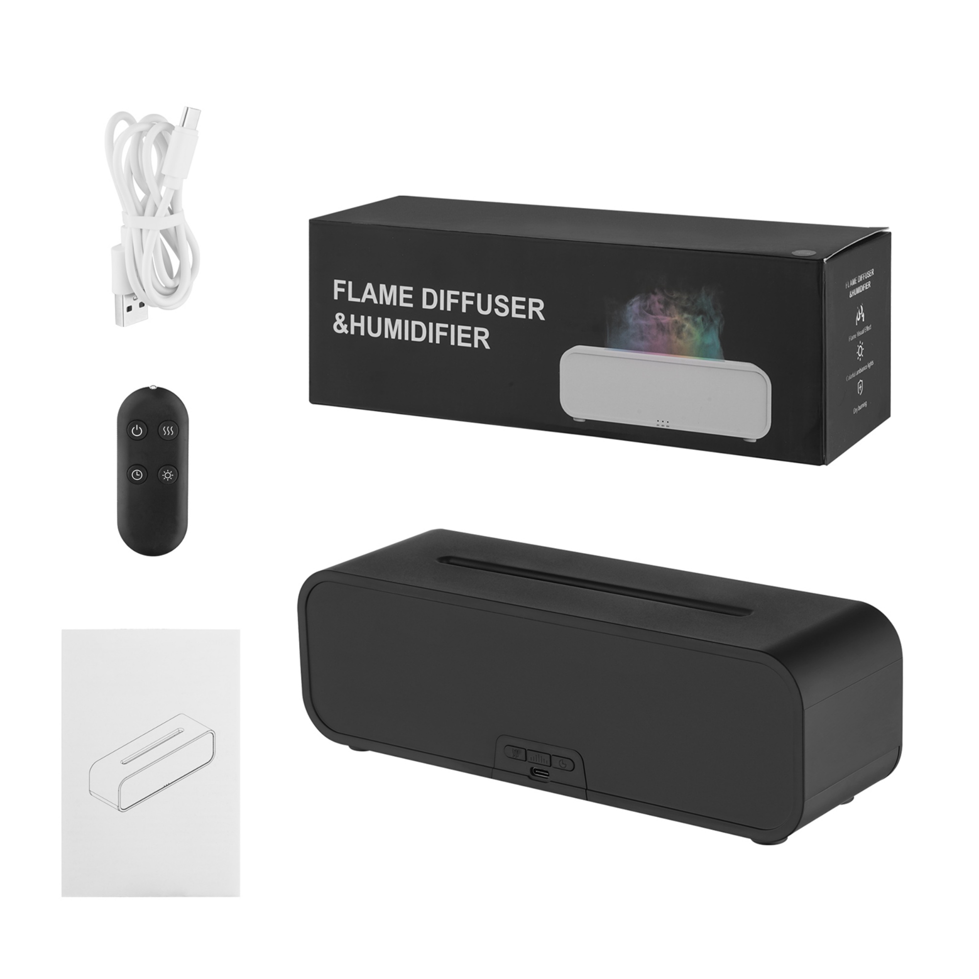 7 Colour Flame Remote Control Aromatherapy Diffuser 3 Timer Sound Reactive Air Humidification Black/White