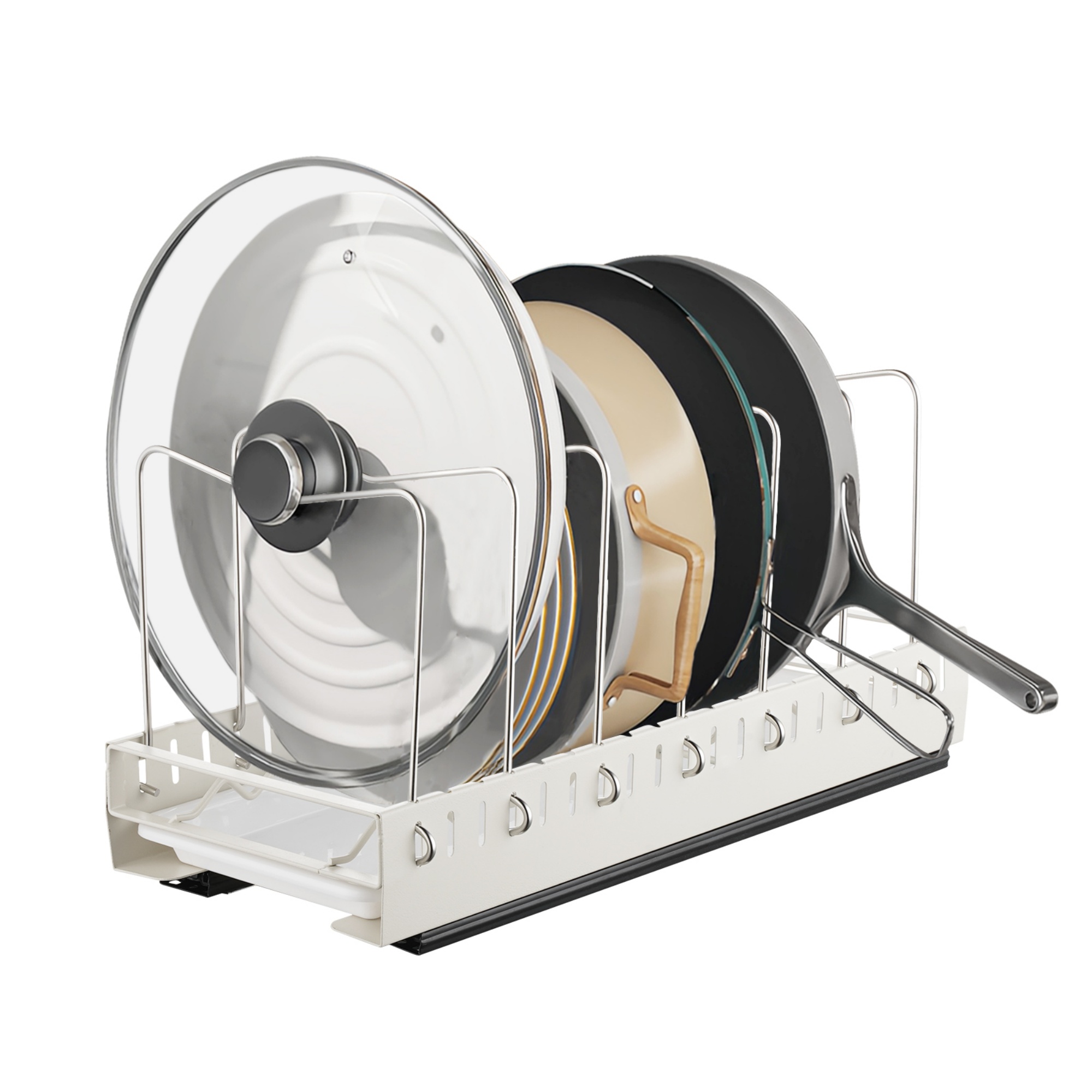 Under Cabinet Pull-Out Kitchen Cookware Storage Rack Pot Pan Organizer Holder Drain Tray Shelf Black/White