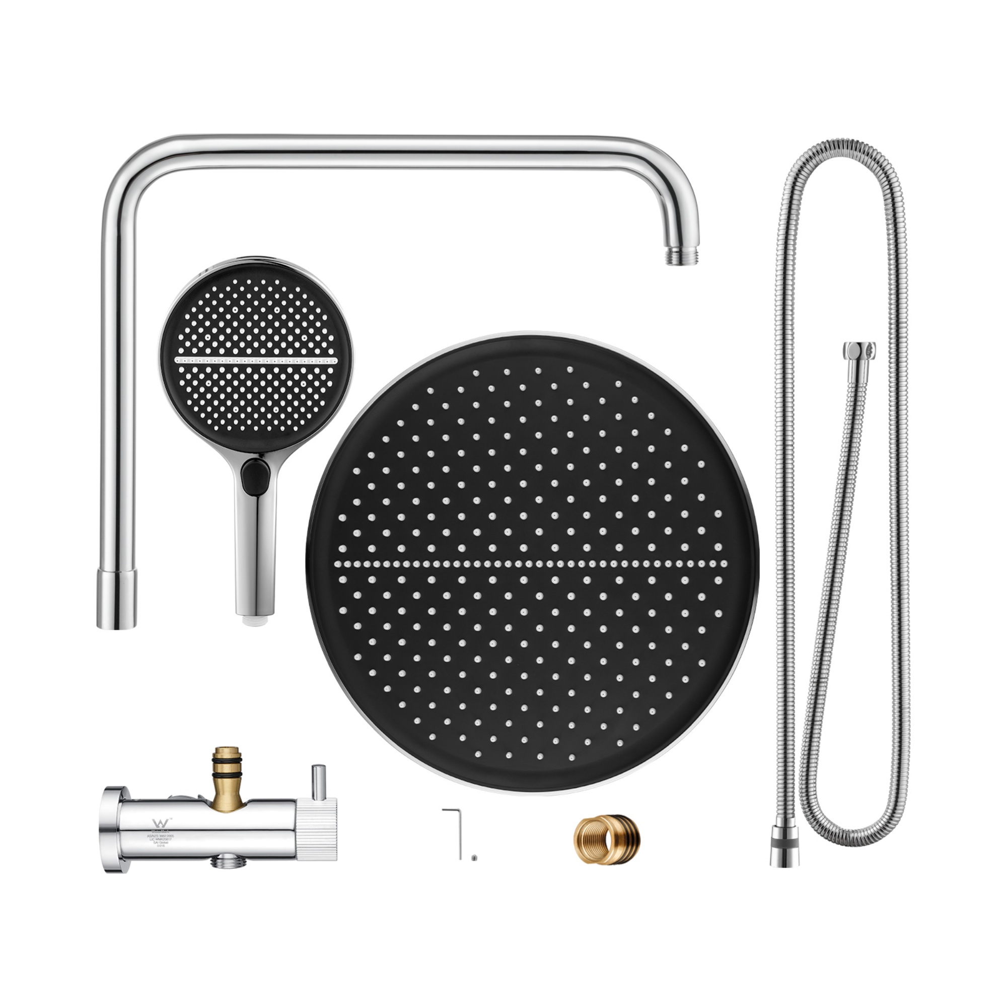 13'' Round Bathroom Rainfall Shower Head Set Gooseneck Shower Arm Diverter 4 Function High Pressure Handheld Shower Head Rose Chrome/Black