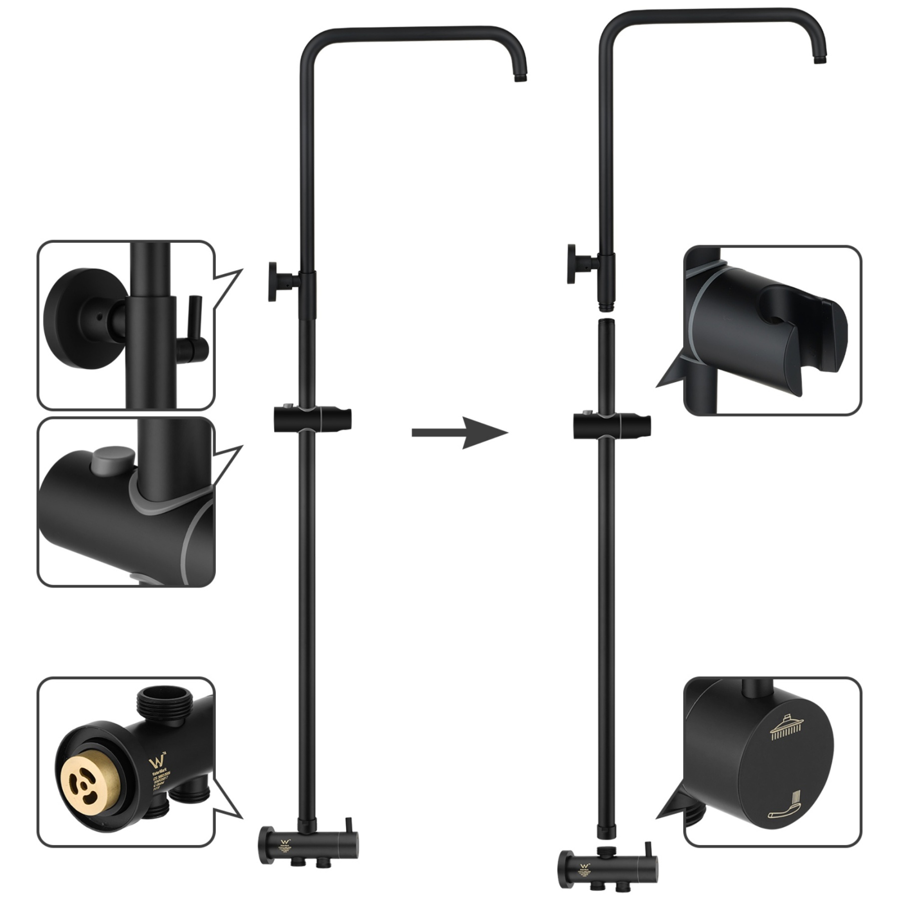 Bathroom Wall Mounted Round Gooseneck Adjustable Twin Shower Rail Body Wall Arm Shower Hose Diverter Sliding Rail Chrome/Matte Black