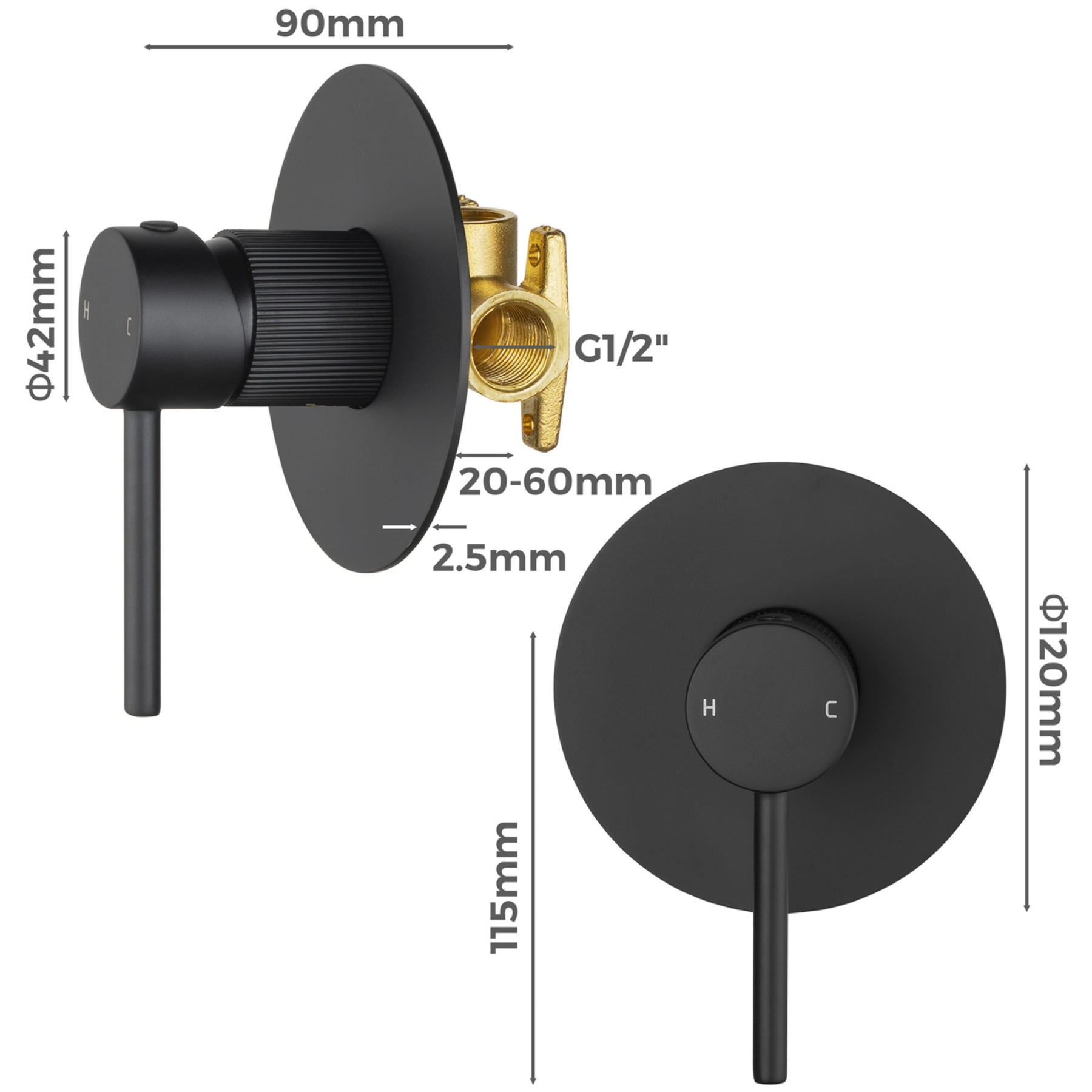 Bath Shower Knurled Round Brass Wall Mixer Tap Bathtub Bathroom Sink Basin Vanity Wall Spout Valve Chrome/Black