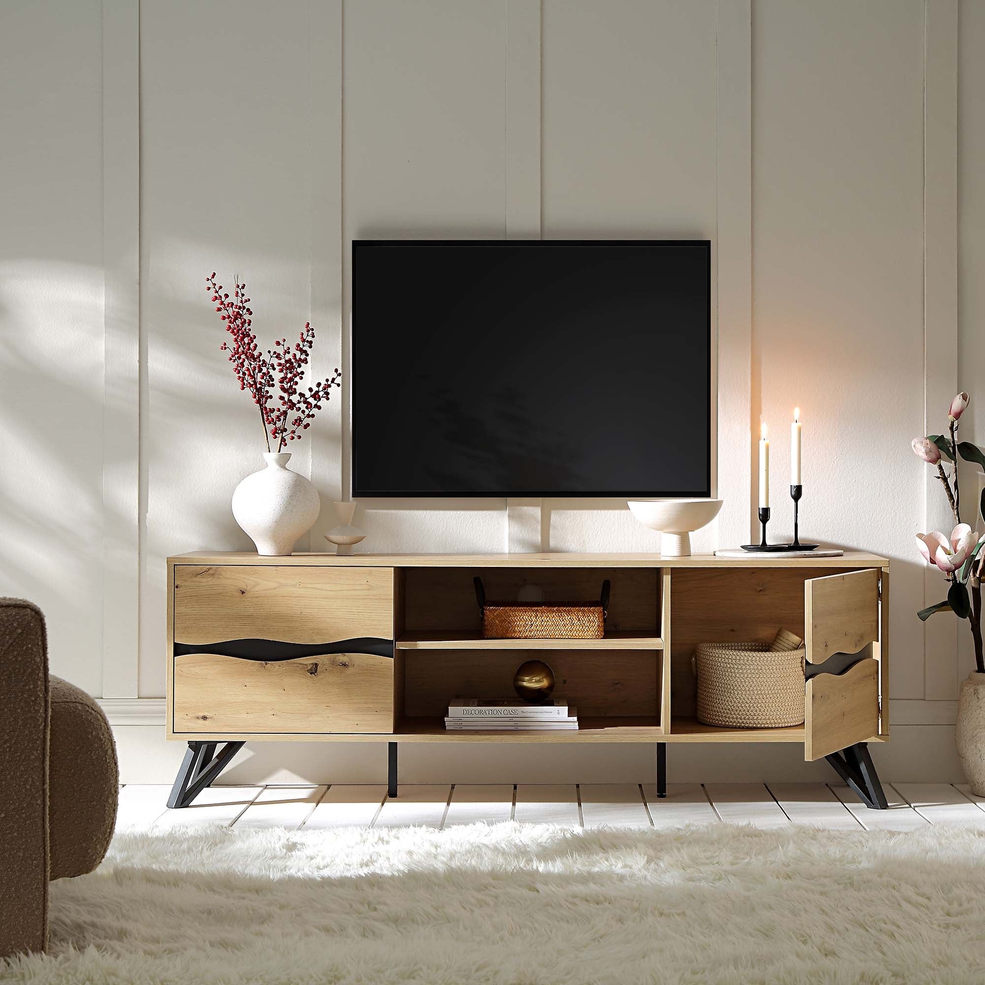 160cm TV Unit Entertainment Cabinet Storage Table With Drawers Open Shelf