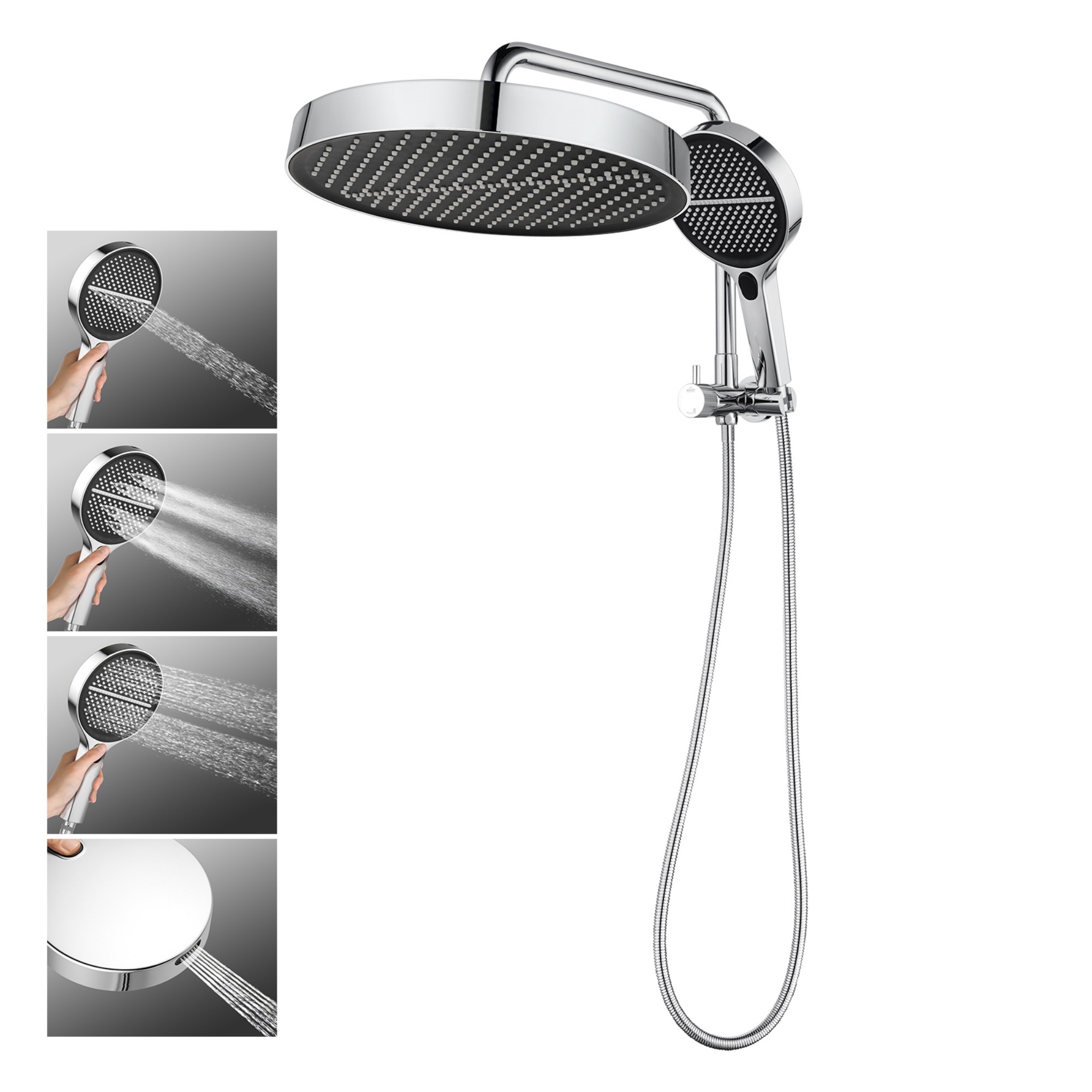13'' Round Bathroom Rainfall Shower Head Set Gooseneck Shower Arm Diverter 4 Function High Pressure Handheld Shower Head Rose Chrome/Black
