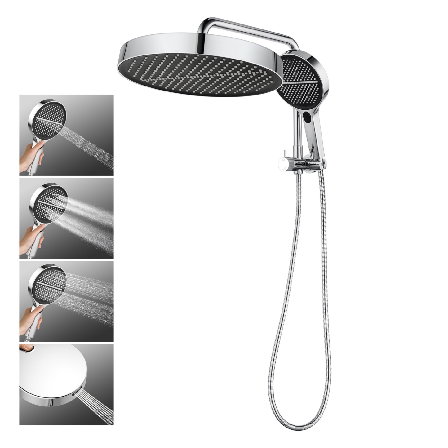 13'' Round Bathroom Rainfall Shower Head Set Gooseneck Shower Arm Diverter 4 Function High Pressure Handheld Shower Head Rose Chrome/Black
