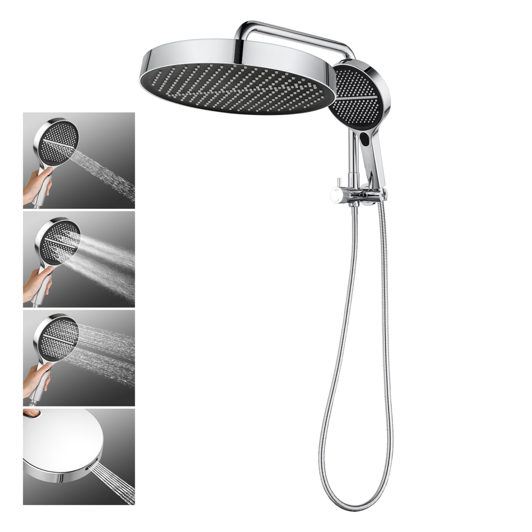 13'' Round Bathroom Rainfall Shower Head Set Gooseneck Shower Arm Diverter 4 Function High Pressure Handheld Shower Head Rose Chrome/Black