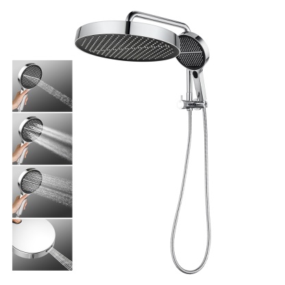 13'' Round Bathroom Rainfall Shower Head Set Gooseneck Shower Arm Diverter 4 Function High Pressure Handheld Shower Head Rose Chrome/Black