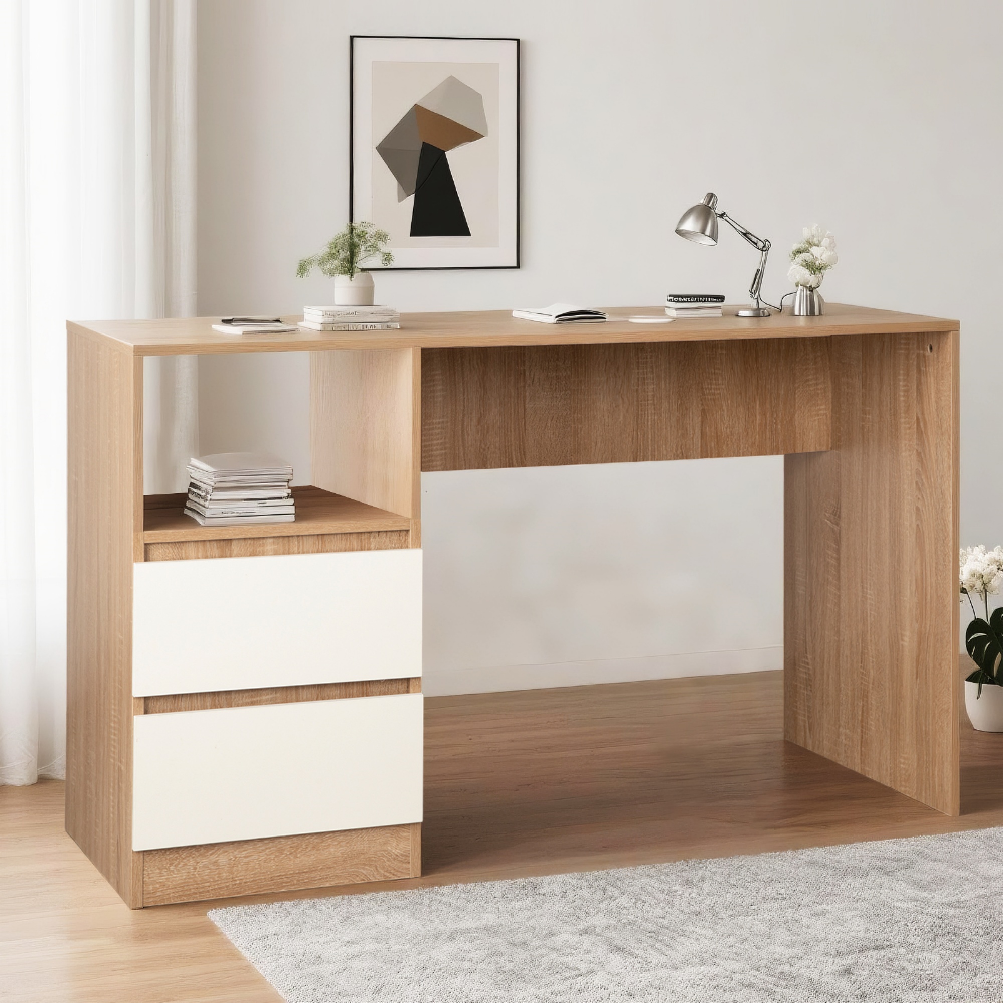 2 Drawer Cabinet Executive Computer Desk Home Office Study Table Writing Workstation Natural/Black/White