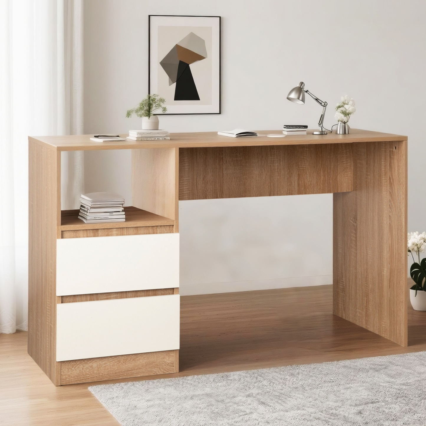 2 Drawer Cabinet Executive Computer Desk Home Office Study Table Writing Workstation Natural/Black/White