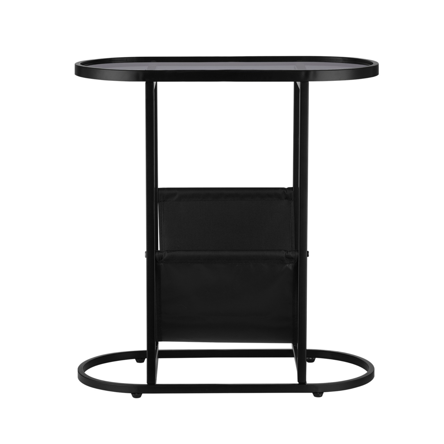 Oval Glass Tabletop Coffee Side Table Bedside Table with Magazine Storage Holder Black