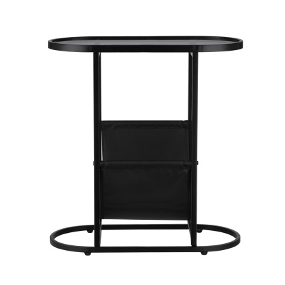 Oval Glass Tabletop Coffee Side Table Bedside Table with Magazine Storage Holder Black