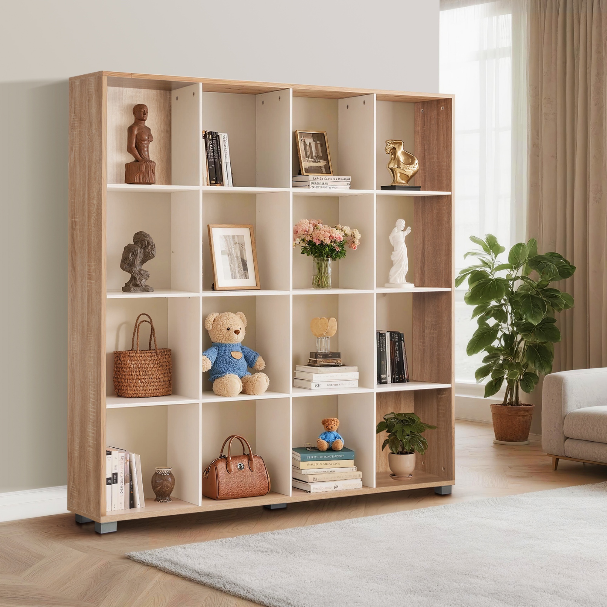 4 Tier 16 Cube Open Shelf Unit Book Storage Organizer Toy Display Cabinet Wooden Bookshelf Bookcase