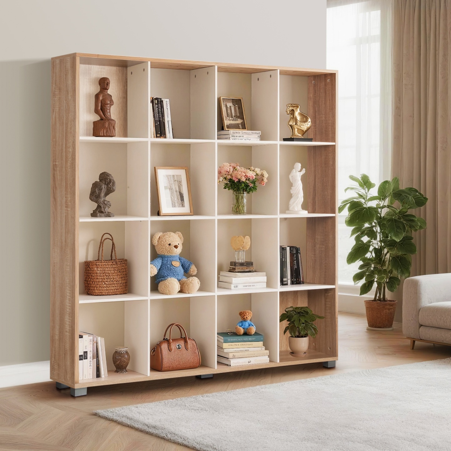 4 Tier 16 Cube Open Shelf Unit Book Storage Organizer Toy Display Cabinet Wooden Bookshelf Bookcase