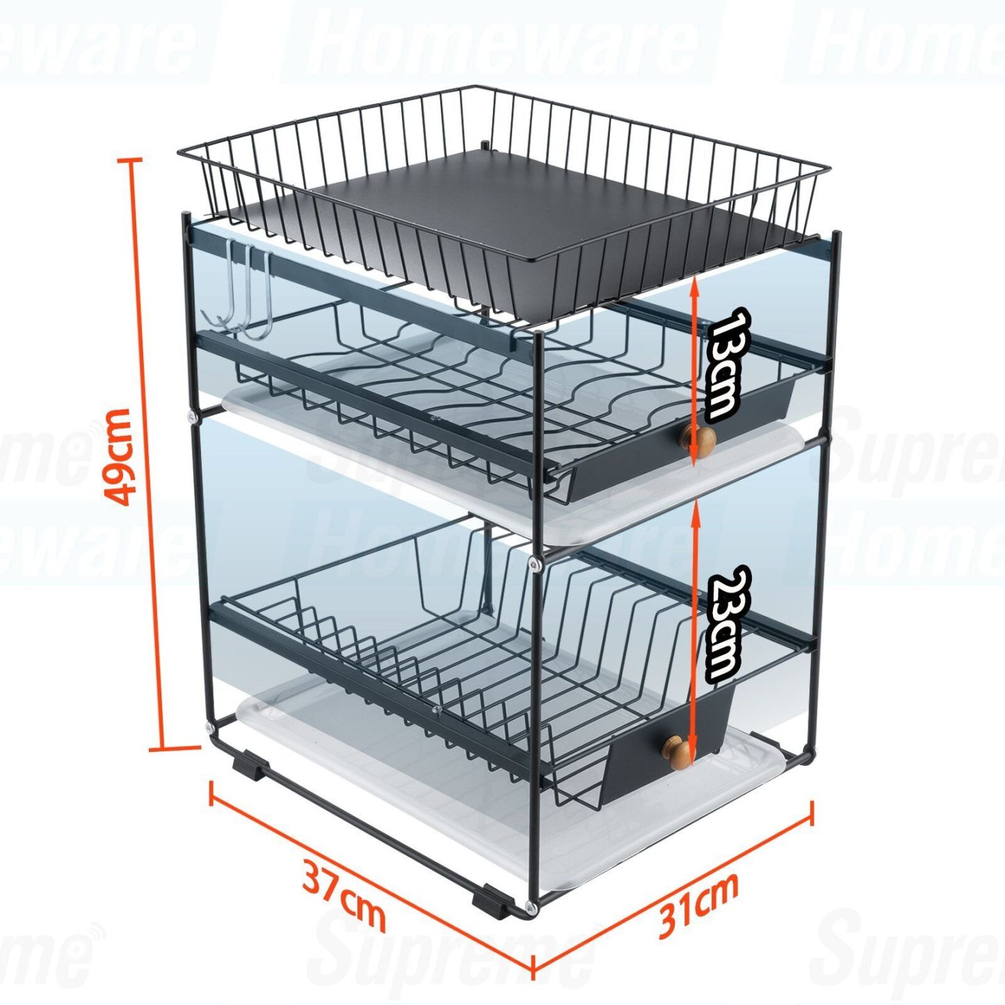 3-Layer Dish Storage Rack Drainer Kitchen Organiser Plate Bowl Drying Slide Out Drawer