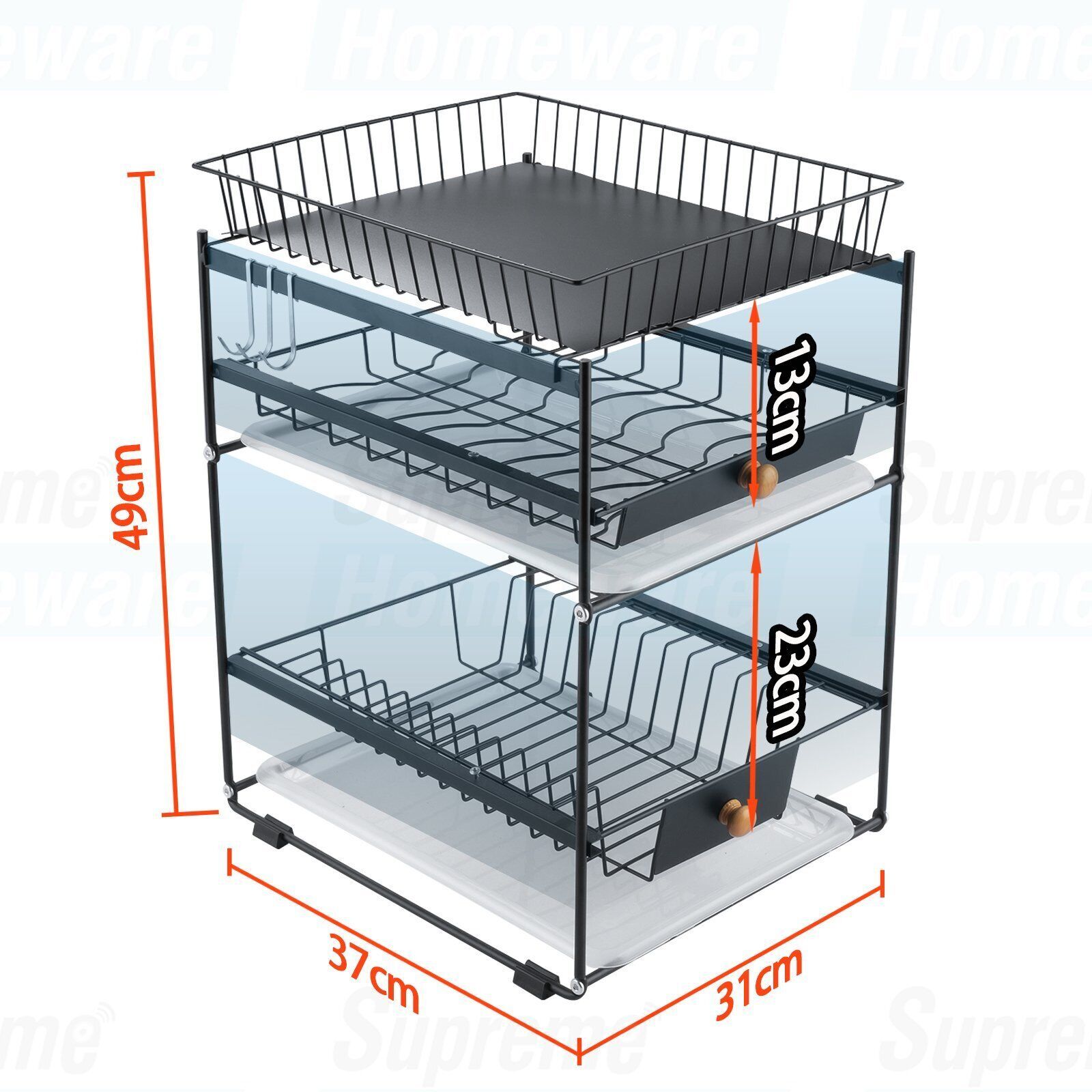 3-Layer Dish Storage Rack Drainer Kitchen Organiser Plate Bowl Drying Slide Out Drawer