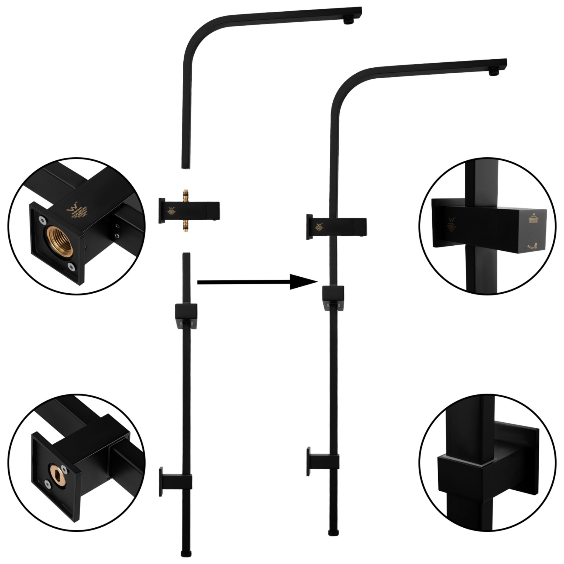 Bathroom Square Twin Rail Shower Body Sliding Rail Gooseneck Wall Arm Diverter 1.5m Shower Hose Chrome/Black