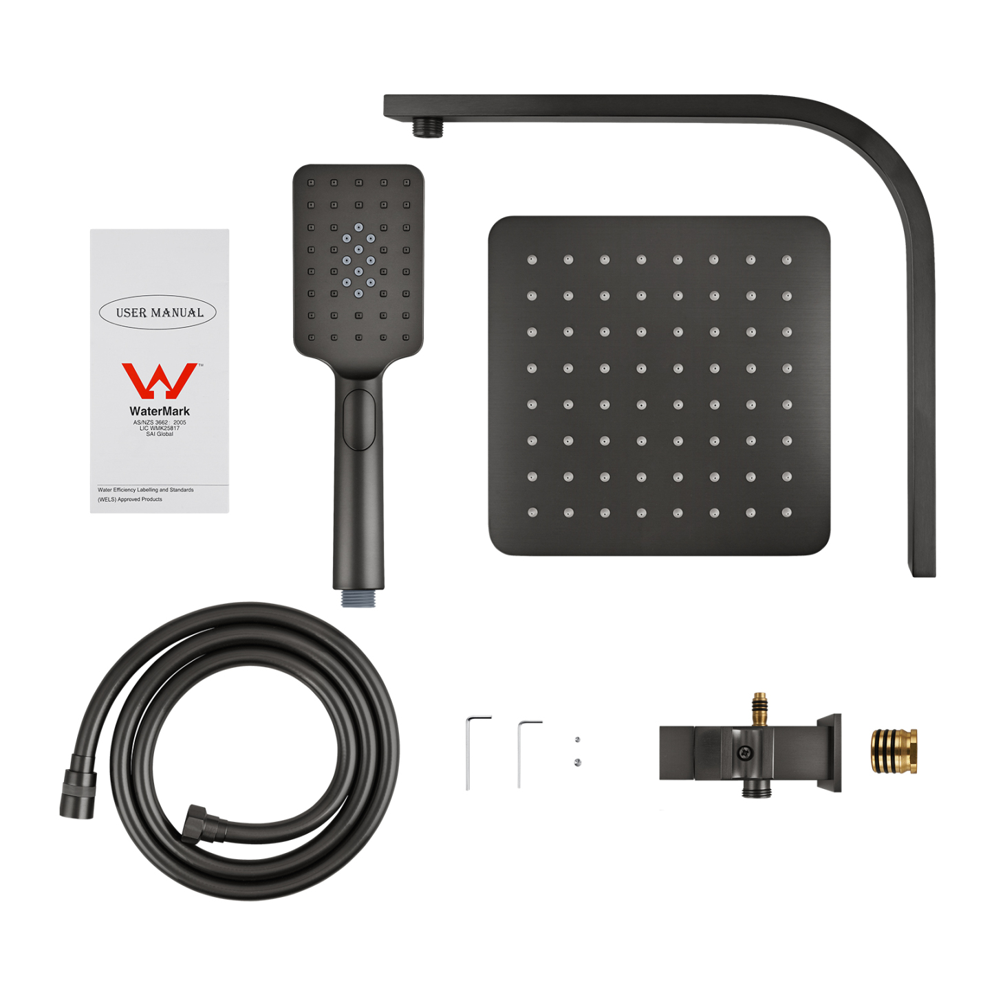 200mm 8'' Square Rainfall Shower Head Set Bathroom Twin Shower Handheld Diverter 3 Function Handheld Shower Head Gooseneck Shower Arm Chrome/Black/Gunmetal Grey