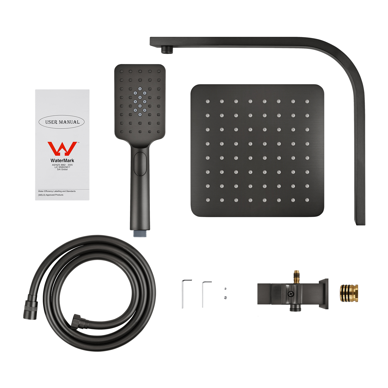 200mm 8'' Square Rainfall Shower Head Set Bathroom Twin Shower Handheld Diverter 3 Function Handheld Shower Head Gooseneck Shower Arm Chrome/Black/Gunmetal Grey