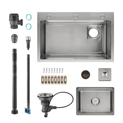 Stainless Steel Single Bowl Counter Top Control Kitchen Sink Smart Drainage Detachable Colander Satin Brush/Dark Grey/Yellow Gold