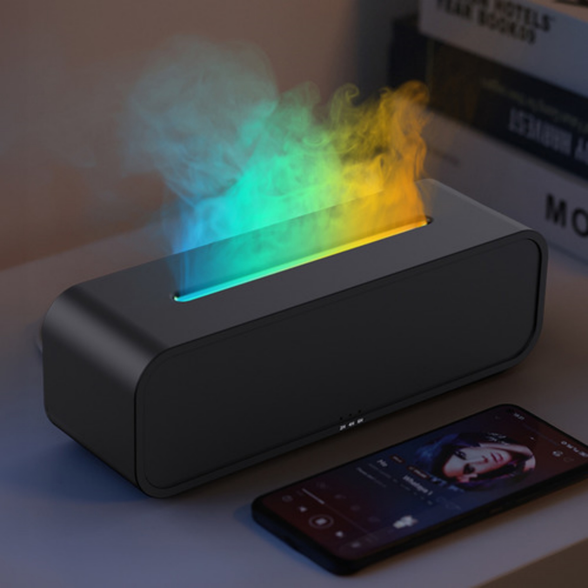 7 Colour Flame Remote Control Aromatherapy Diffuser 3 Timer Sound Reactive Air Humidification Black/White