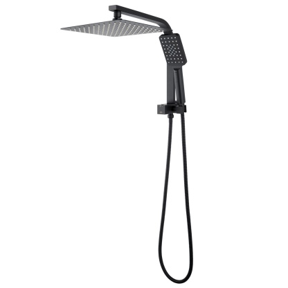 10“ Rectangle Rainfall Twin Shower Set Super Thin Overhead Shower Head 3 Function Hand-held Shower Rose Gooseneck Shower Arm Chrome/Black