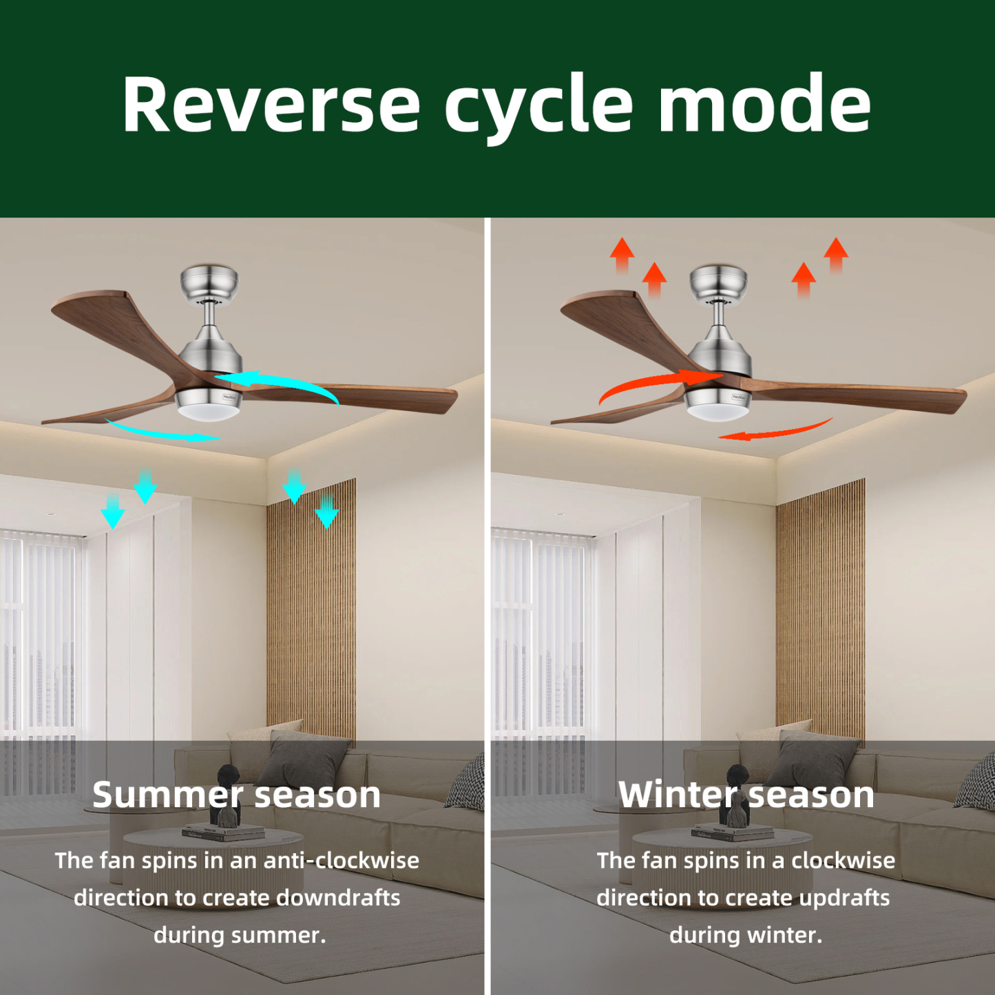 52" Ceiling Fan Light Adjustable LED Colour Reverse Airflow Timer 3 Blades