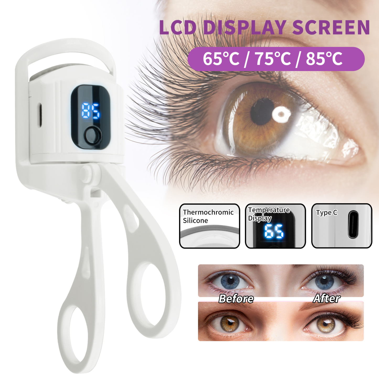 3 Modes LCD Electric Heated Curling Eyelash Tool Double Eyelashes Curler Type-C Charging