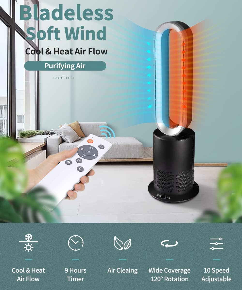ANGELO Cool Heat Bladeless Pedestal Fan Purifying Air 9H Timer Low DB Any Room