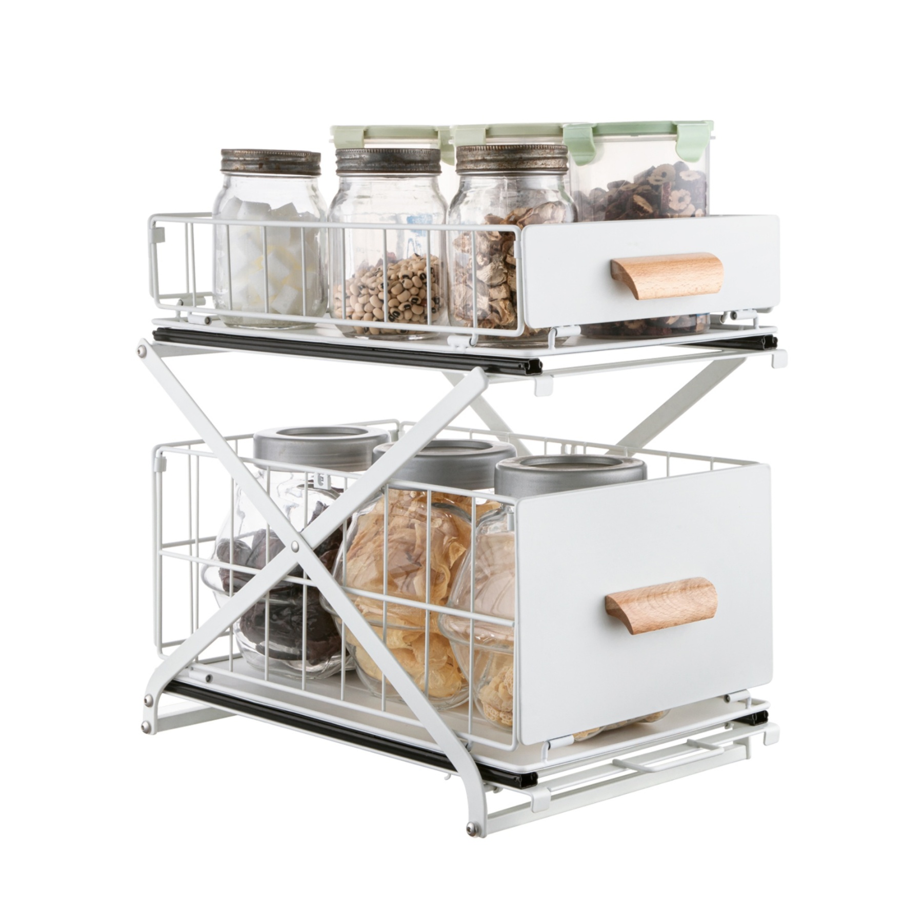 2 Tiers Slide-Out Kitchen Storage Rack Spice Jar Basket Adjustable Bathroom Cabinet Under Sink Organizer Shelf White / Black