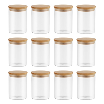 12PCS 300ml Pantry Airtight Glass Snacks Storage Preserving Jar Candy Tea Coffee Bean Organizer Bottle Bamboo Lid 