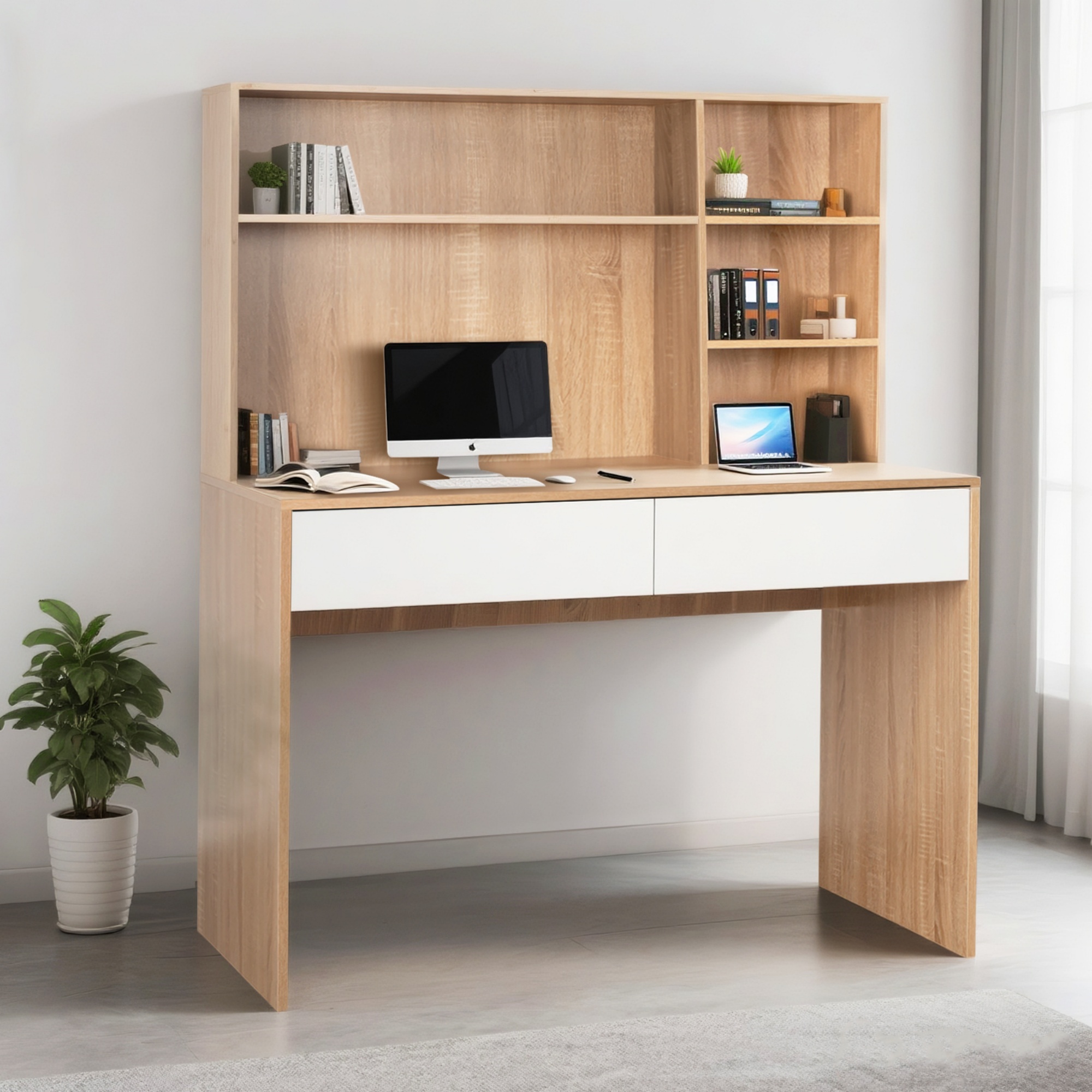 Executive Computer Desk with Hutch Drawer Home Office Study Desk Writing Workstation Open Display Bookshelf