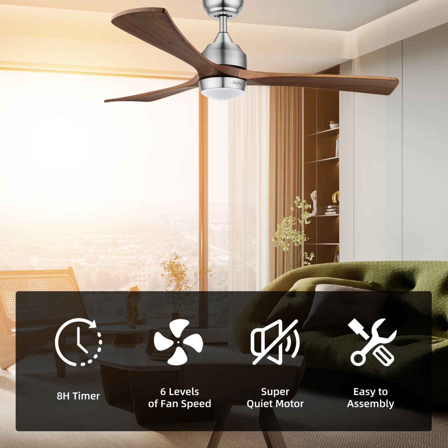 52" Ceiling Fan Light Adjustable LED Colour Reverse Airflow Timer 3 Blades
