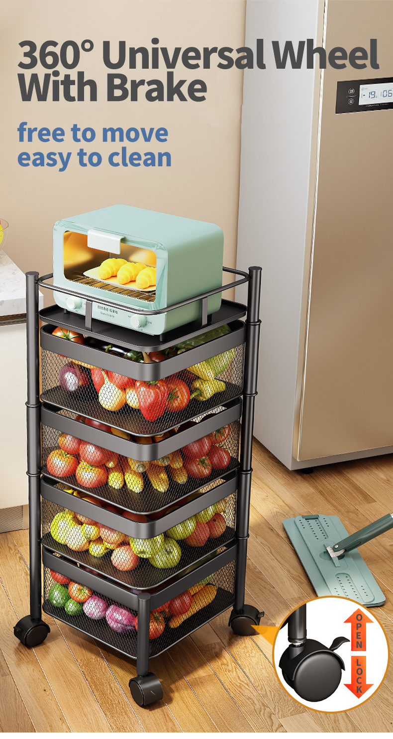 4 Tiers Kitchen Trolley Storage Rack Organizer Cart Storage Rack Square Basket Vegetable Rotating Holder