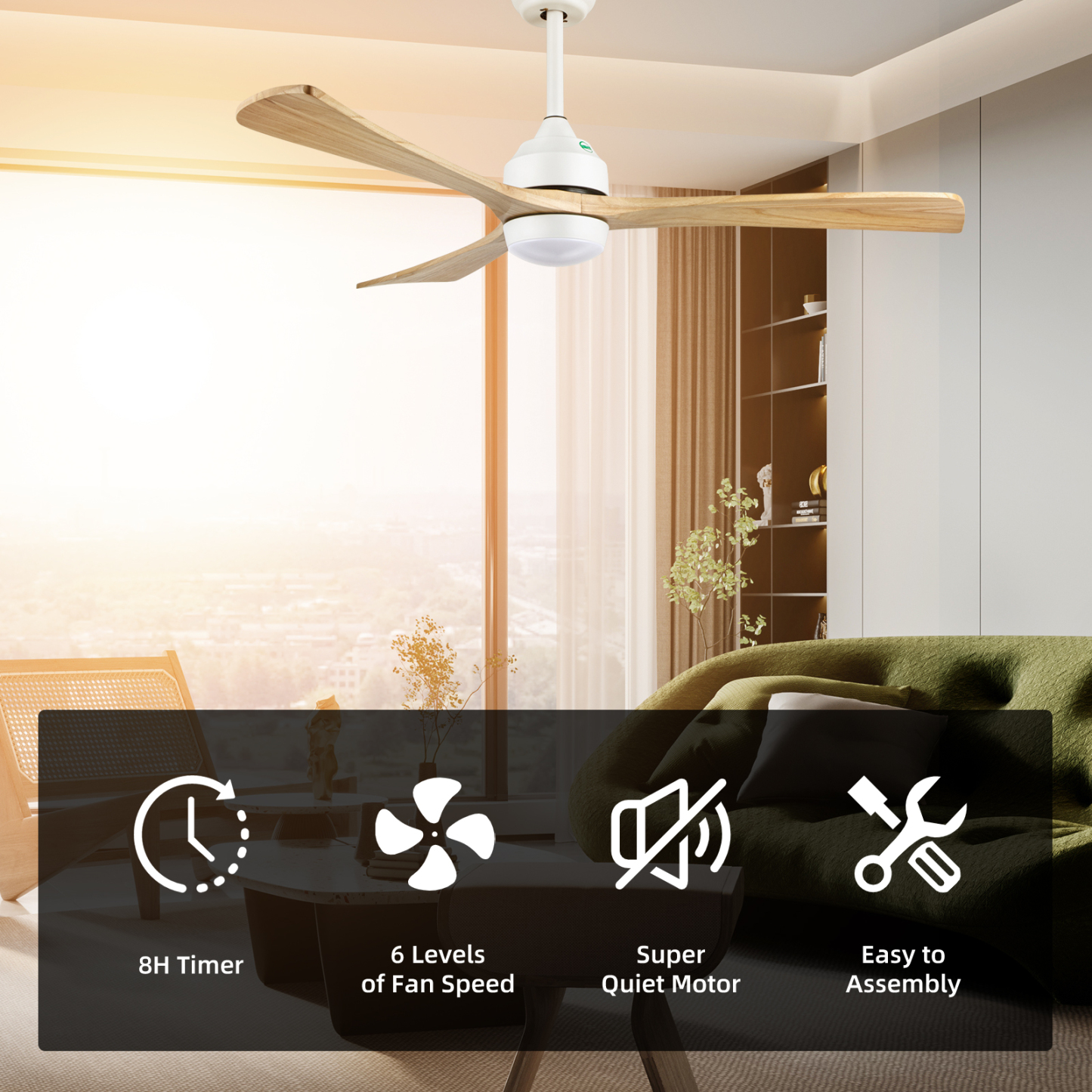 52" Ceiling Fan 3 Wooden Blades Single Light Colour Single Blow Speed