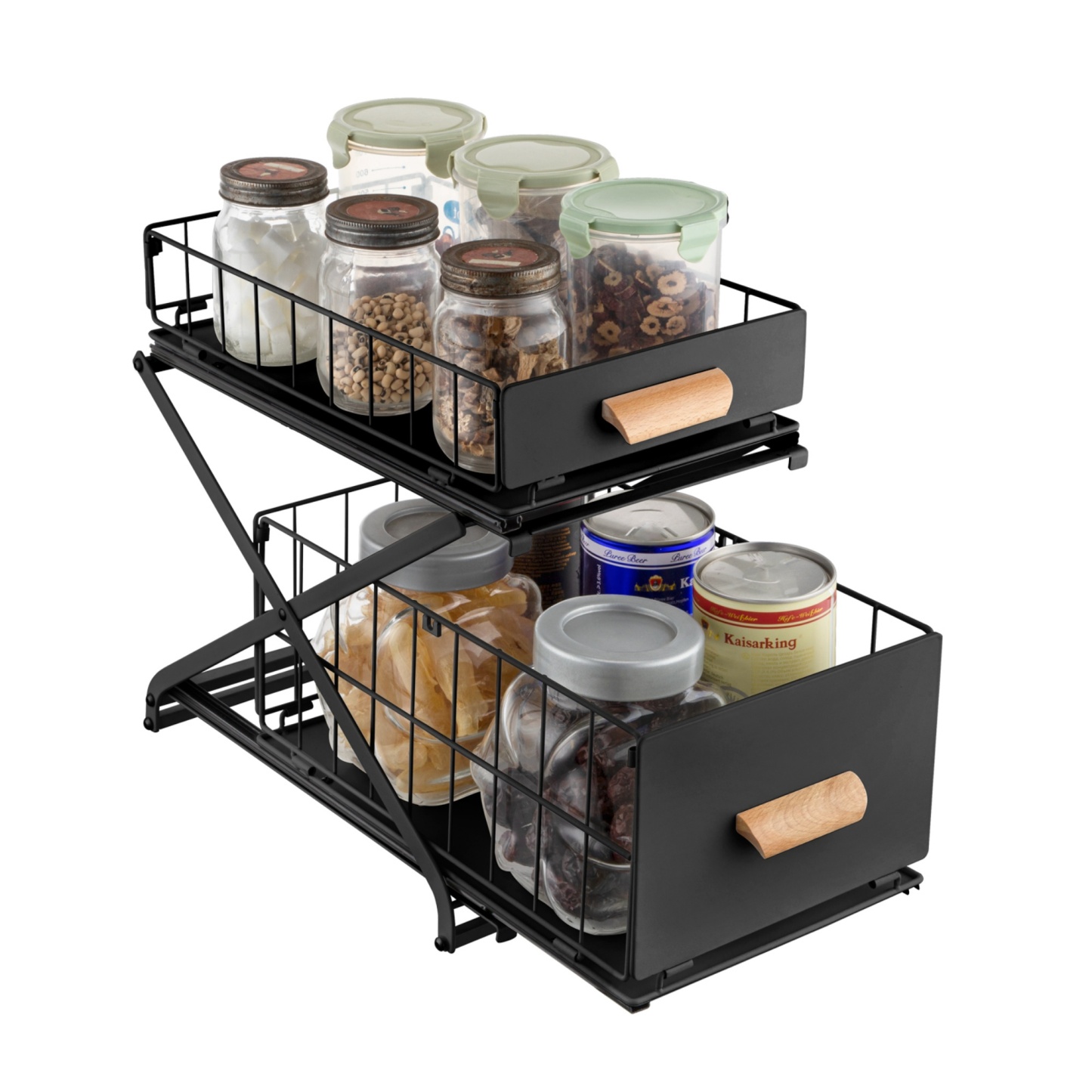 2 Tiers Slide-Out Kitchen Storage Rack Spice Jar Basket Adjustable Bathroom Cabinet Under Sink Organizer Shelf White / Black