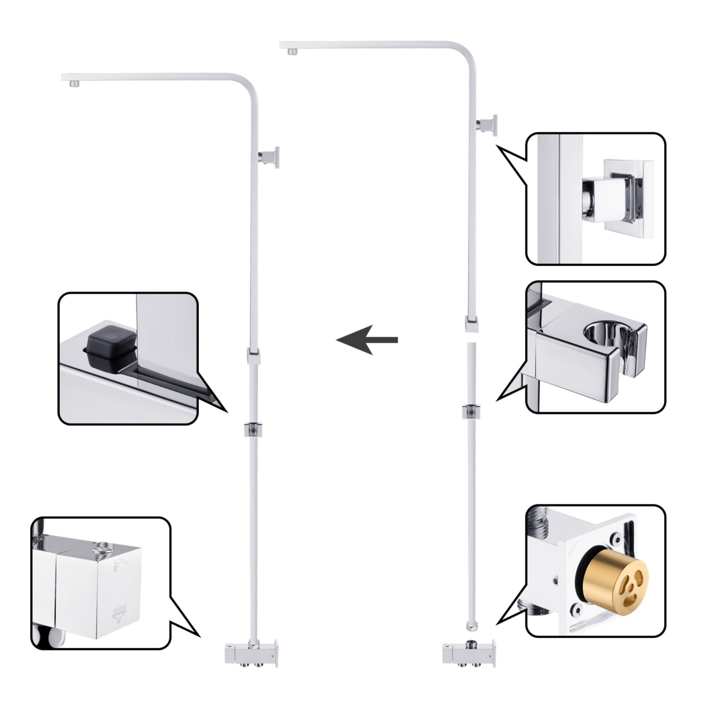 Bathroom Square Twin Shower Rail Body Wall Mounted Adjustable Height Sliding Rail Gooseneck Shower Arm Diverter Chrome/Black