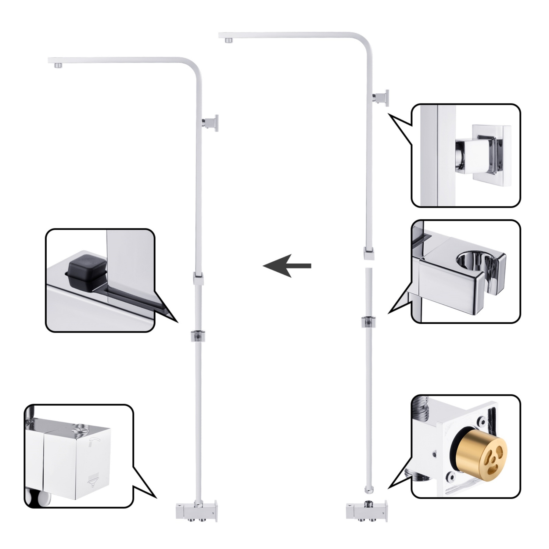 Bathroom Square Twin Shower Rail Body Wall Mounted Adjustable Height Sliding Rail Gooseneck Shower Arm Diverter Chrome/Black