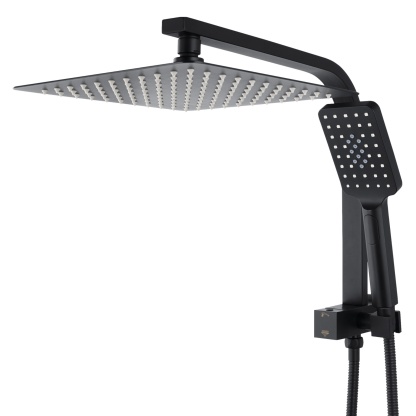 10“ Rectangle Rainfall Twin Shower Set Super Thin Overhead Shower Head 3 Function Hand-held Shower Rose Gooseneck Shower Arm Chrome/Black