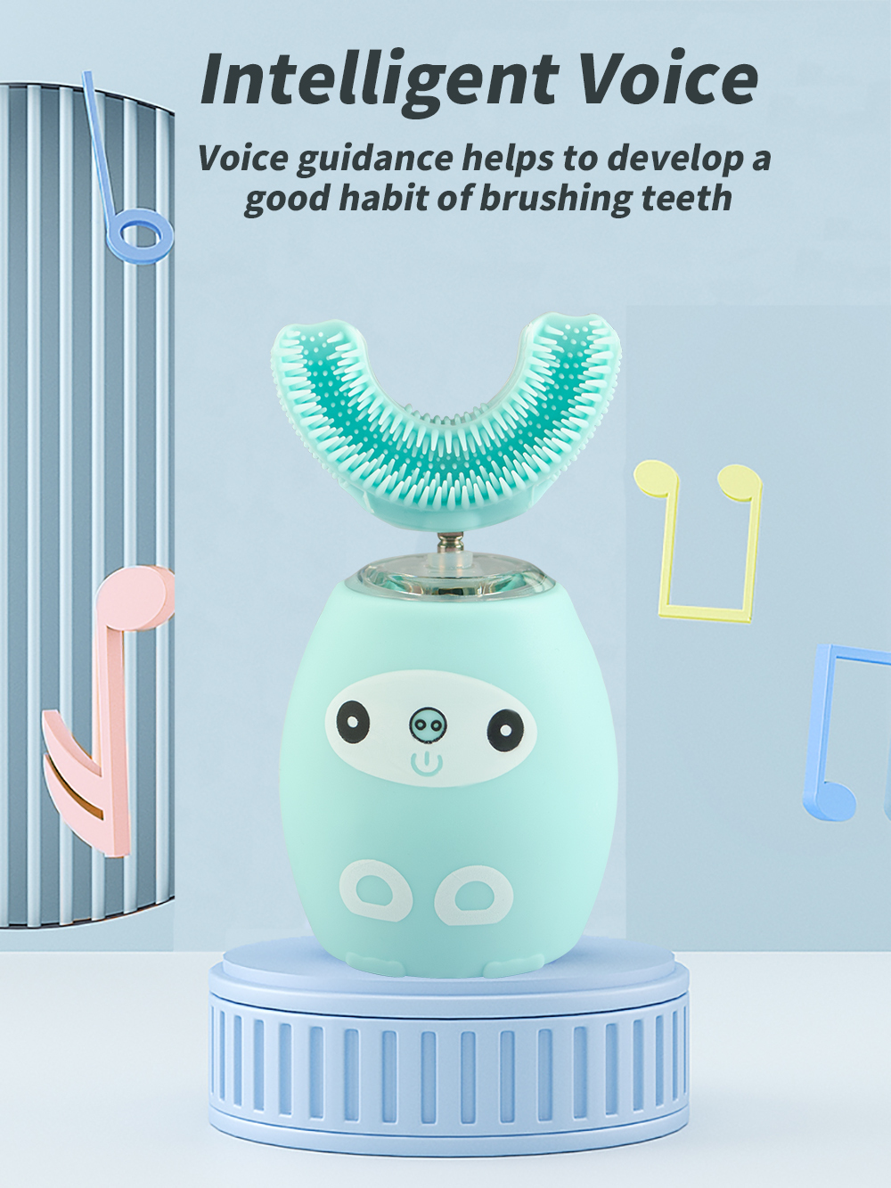 Age 8-15 Electric Toothbrush Auto 360° Ultrasnoic U-Shape Head Smart Voice Kids